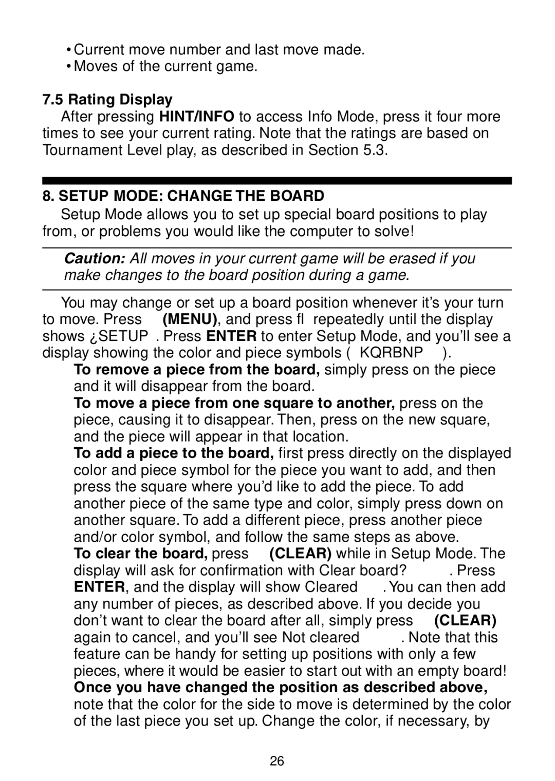 Saitek Maestro Travel Chess Computer manual Rating Display, Setup Mode Change the Board 