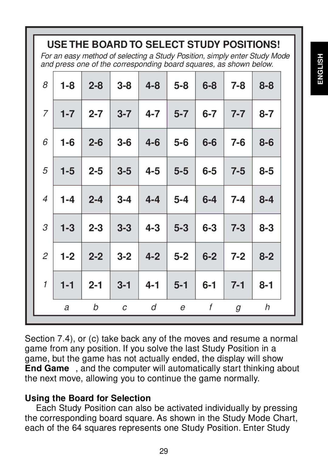 Saitek Maestro Travel Chess Computer manual USE the Board to Select Study Positions, Using the Board for Selection 