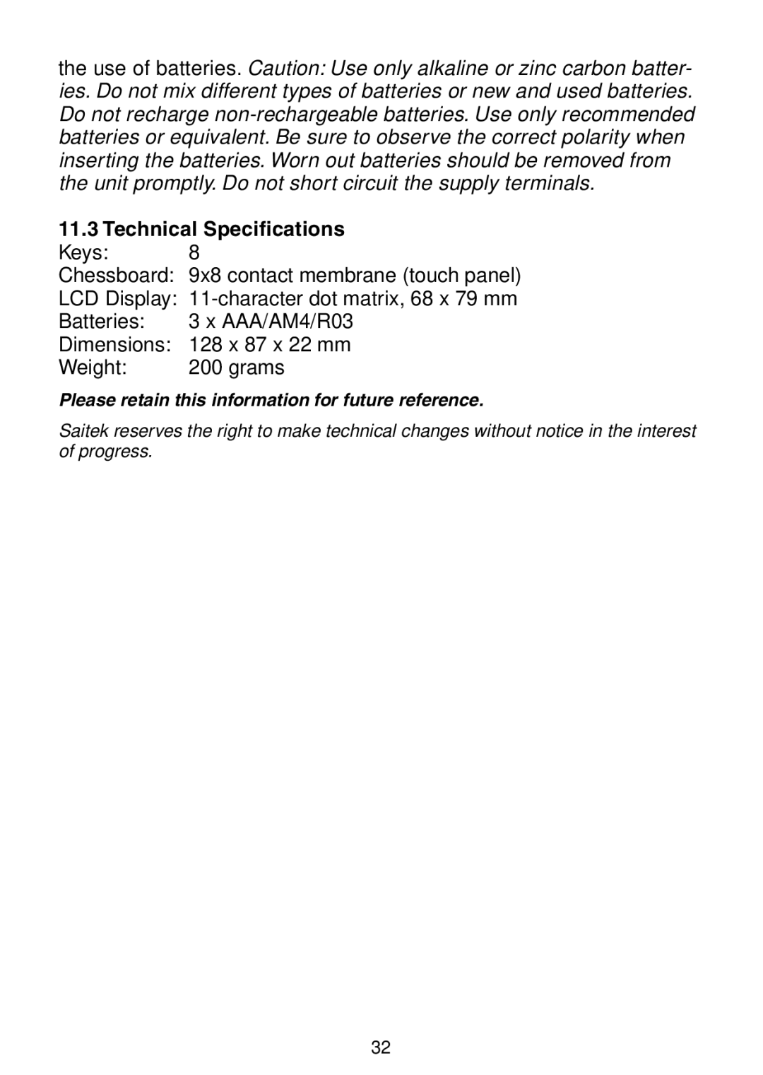 Saitek Maestro Travel Chess Computer manual Technical Specifications, Dimensions 128 x 87 x 22 mm Weight Grams 