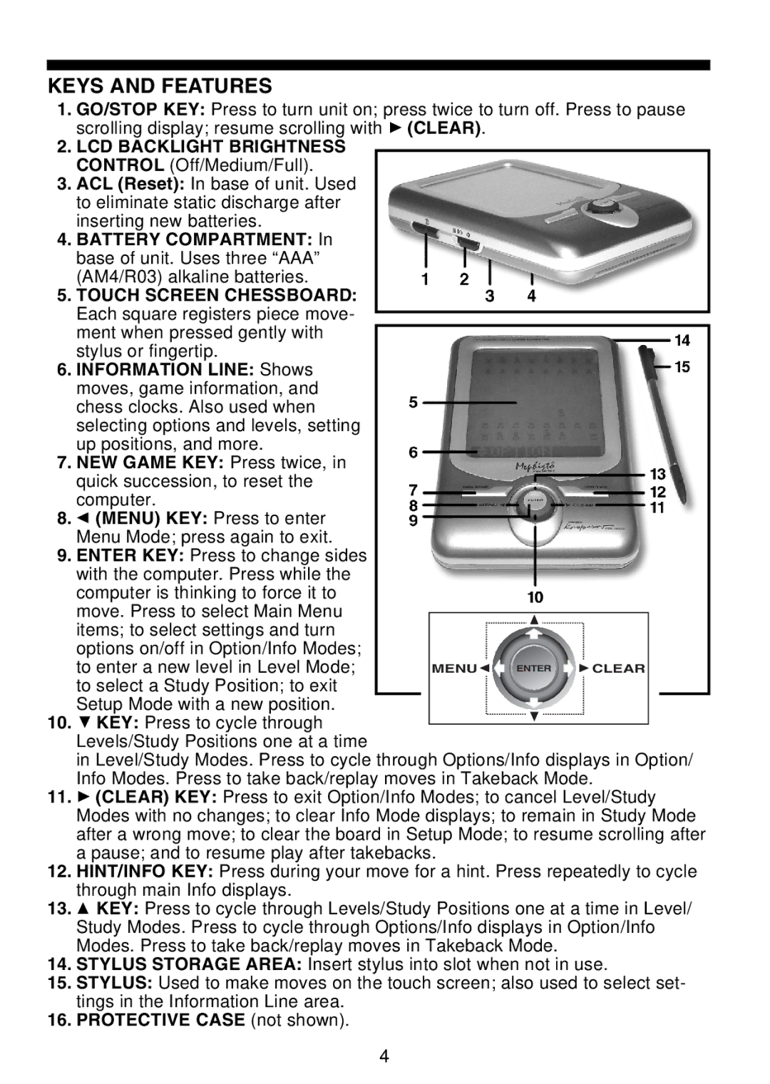 Saitek Maestro Travel Chess Computer manual Keys and Features, LCD Backlight Brightness Control Off/Medium/Full 