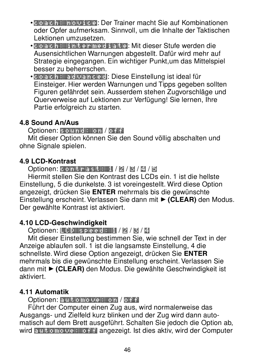 Saitek Maestro Travel Chess Computer manual Sound An/Aus, LCD-Kontrast, LCD-Geschwindigkeit, Automatik 