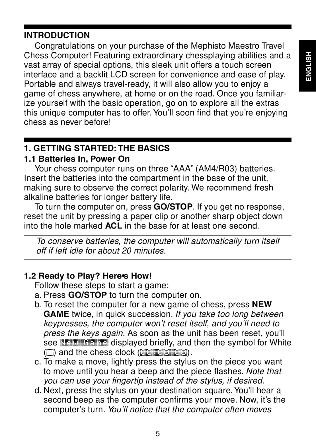 Saitek Maestro Travel Chess Computer manual Introduction, Getting Started the Basics 1.1 Batteries In, Power On 