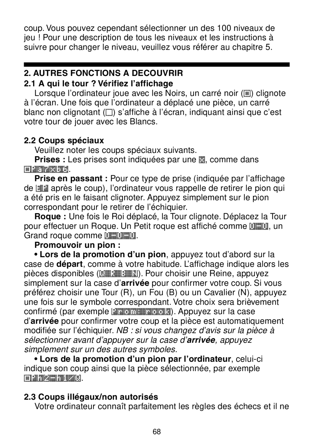 Saitek Maestro Travel Chess Computer manual Coups spéciaux, Coups illégaux/non autorisés 