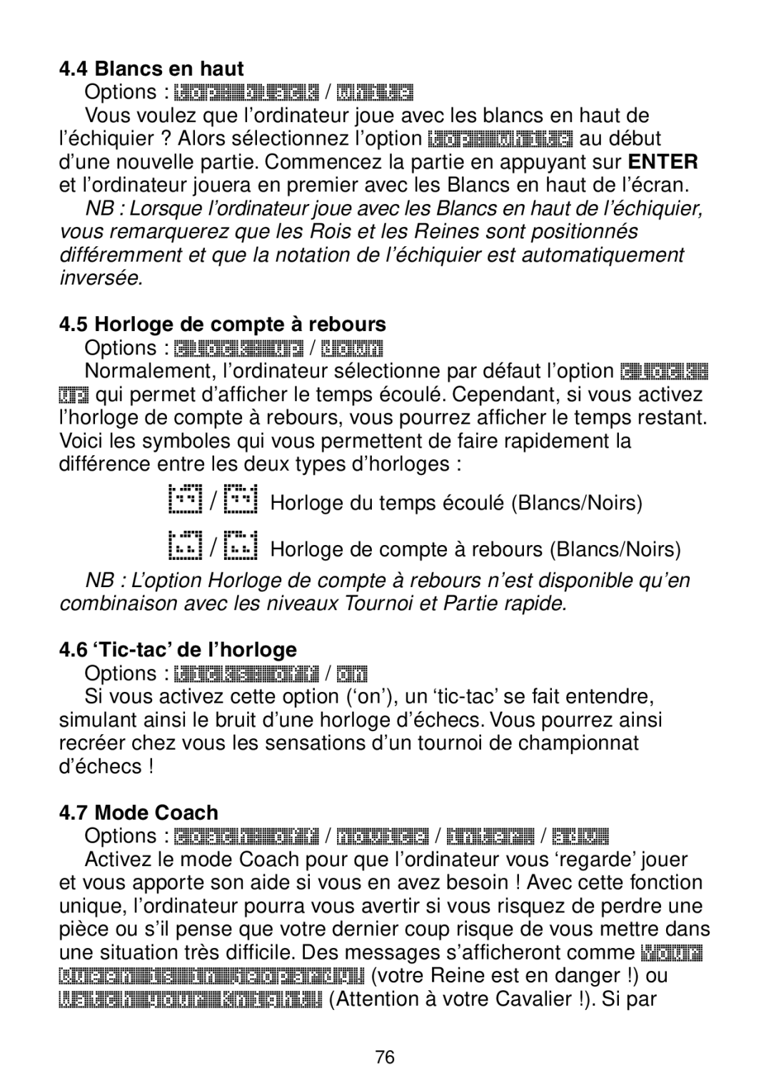 Saitek Maestro Travel Chess Computer manual Blancs en haut, ‘Tic-tac’ de l’horloge Options ticks off / on, Mode Coach 