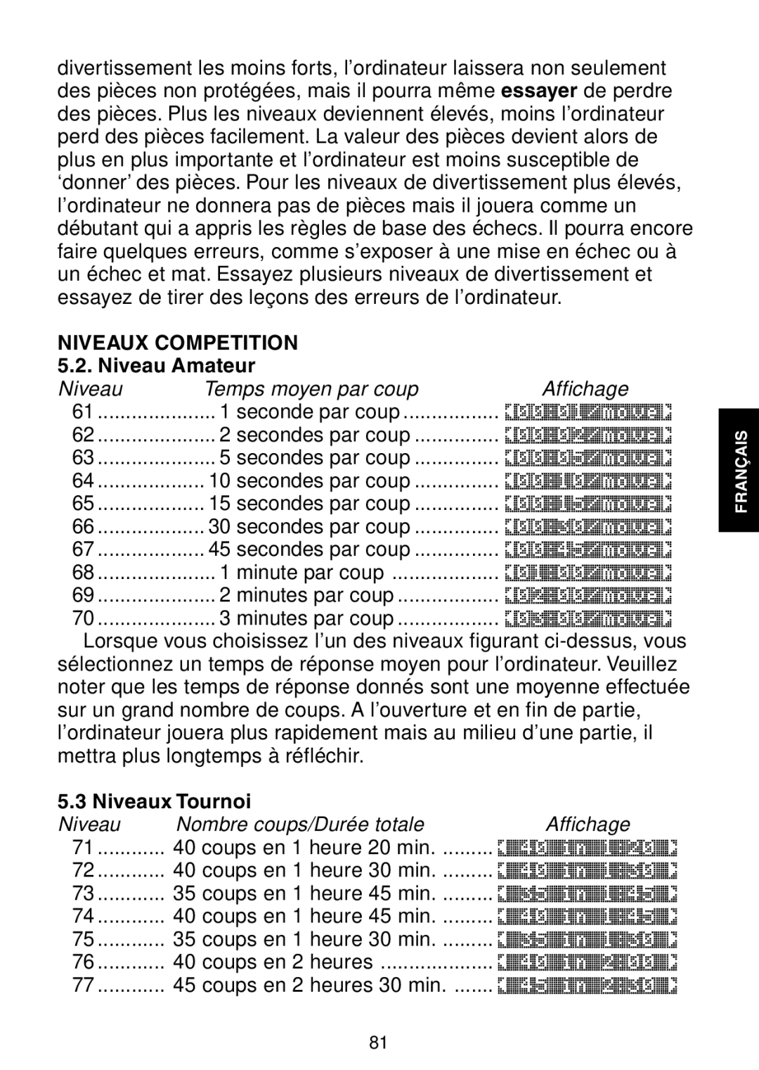 Saitek Maestro Travel Chess Computer manual Niveaux Competition, Niveau Amateur, Niveaux Tournoi 