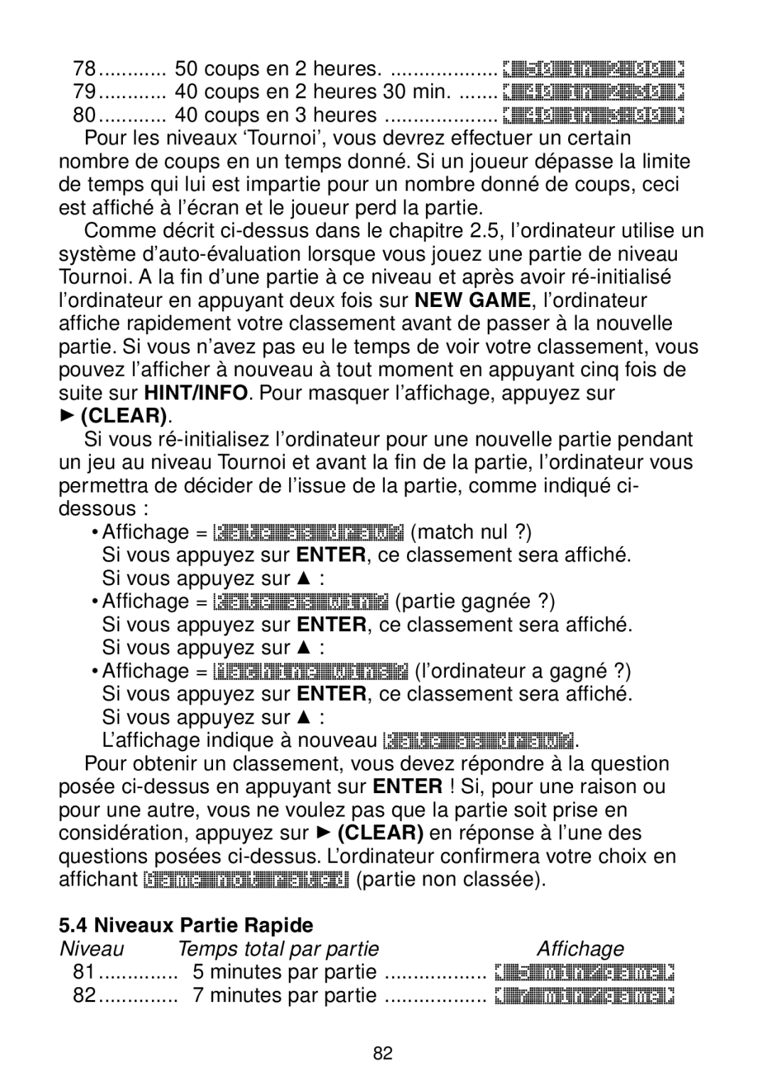 Saitek Maestro Travel Chess Computer manual ‘ Clear, Niveaux Partie Rapide 