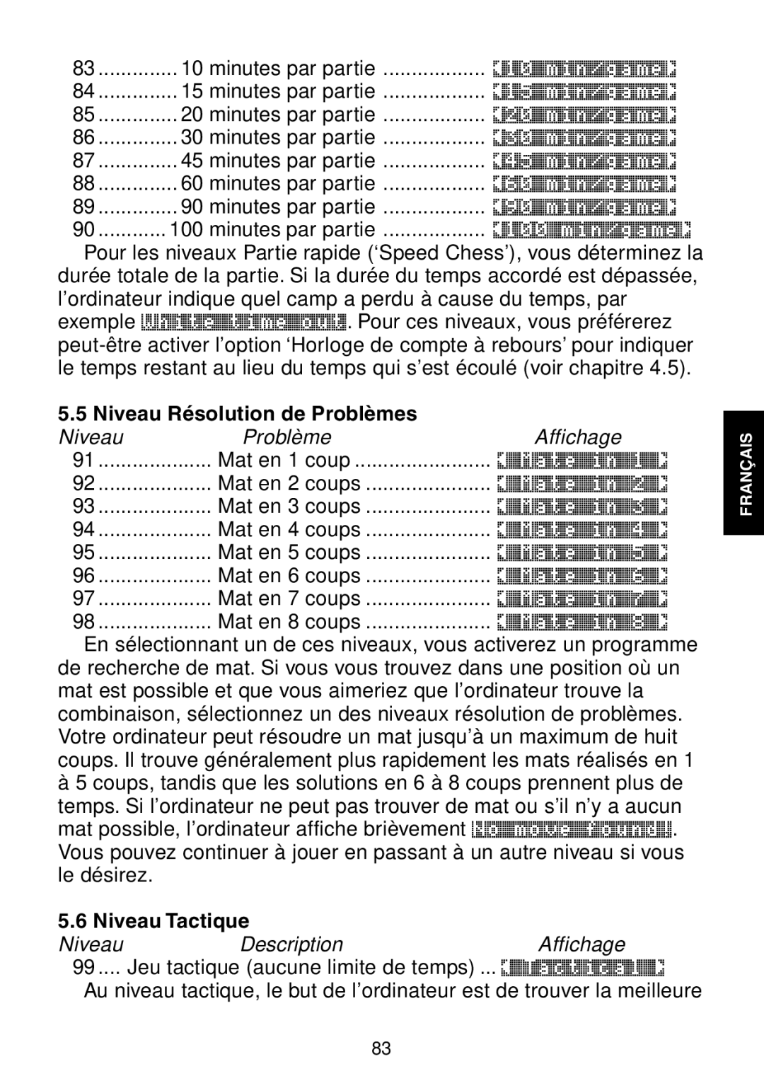 Saitek Maestro Travel Chess Computer manual Niveau Résolution de Problèmes, Niveau Tactique 