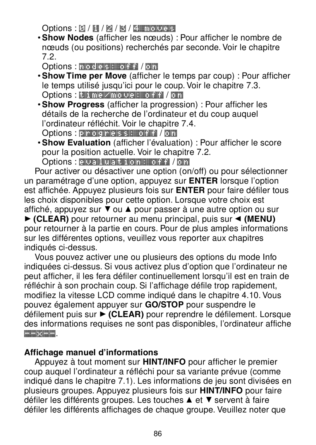 Saitek Maestro Travel Chess Computer manual Affichage manuel d’informations 