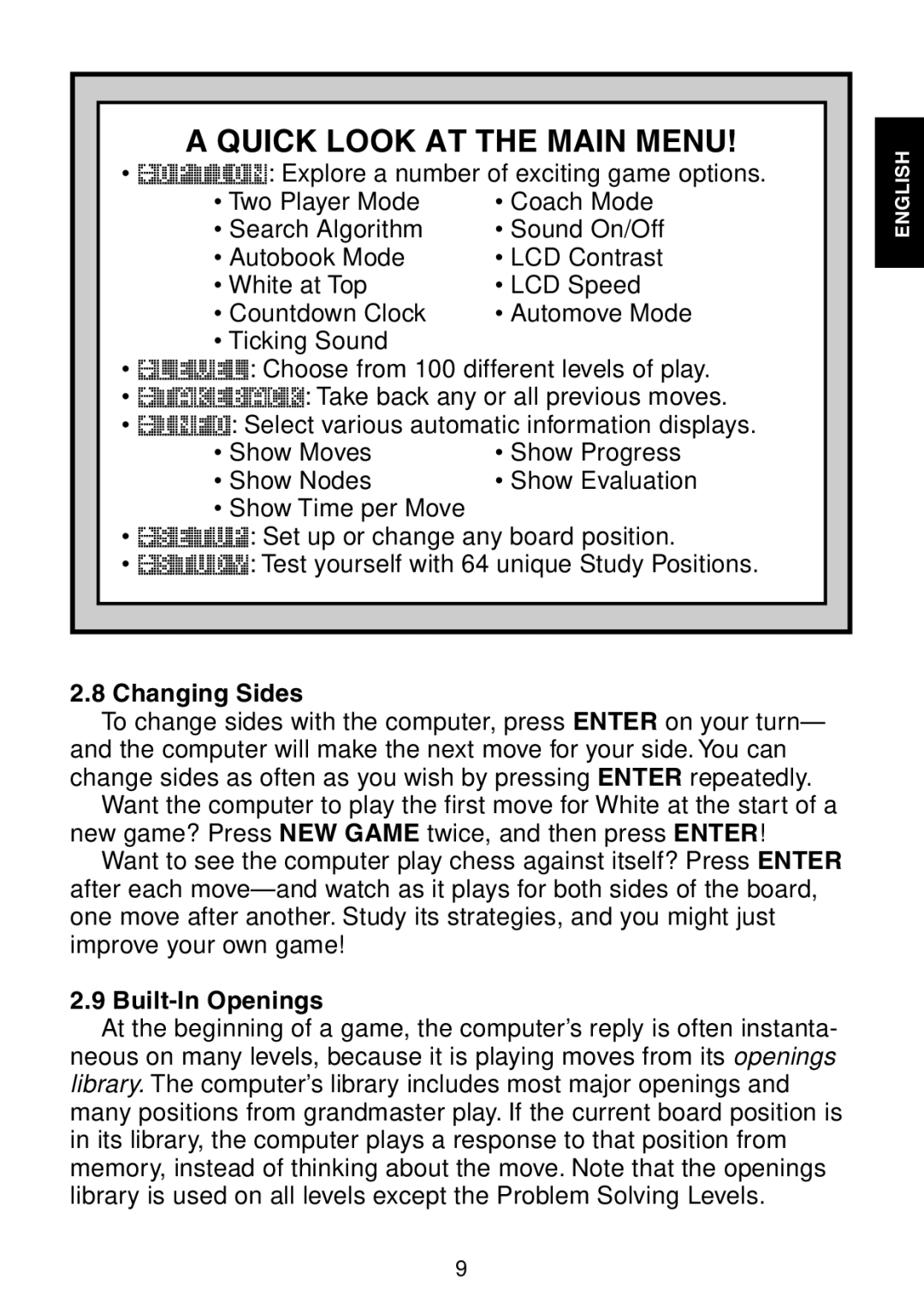 Saitek Maestro Travel Chess Computer manual Changing Sides, Built-In Openings 