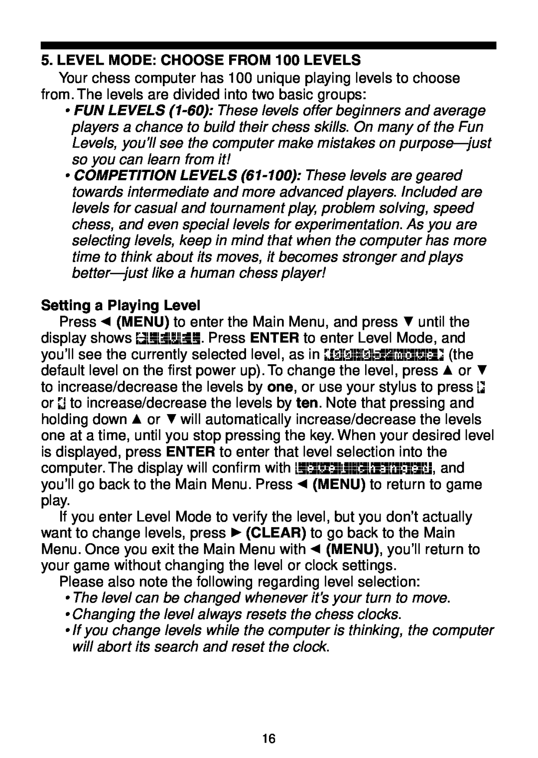Saitek Maestro Travel Chess Computer manual LEVEL MODE CHOOSE FROM 100 LEVELS, Setting a Playing Level 