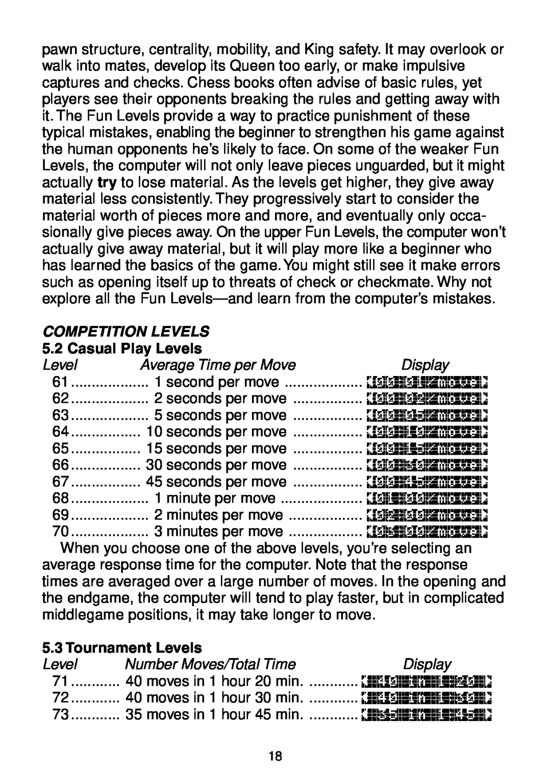 Saitek Maestro Travel Chess Computer Competition Levels, Casual Play Levels, Display, second per move, seconds per move 