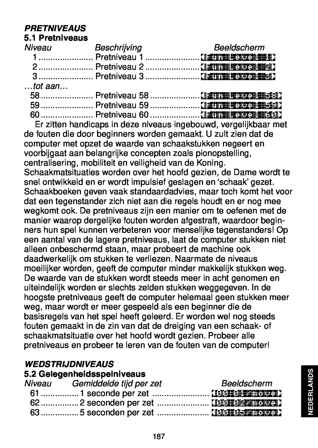 Saitek Maestro Travel Chess Computer manual Pretniveaus, Niveau, Beschrijving, Beeldscherm, …tot aan…, Wedstrijdniveaus 