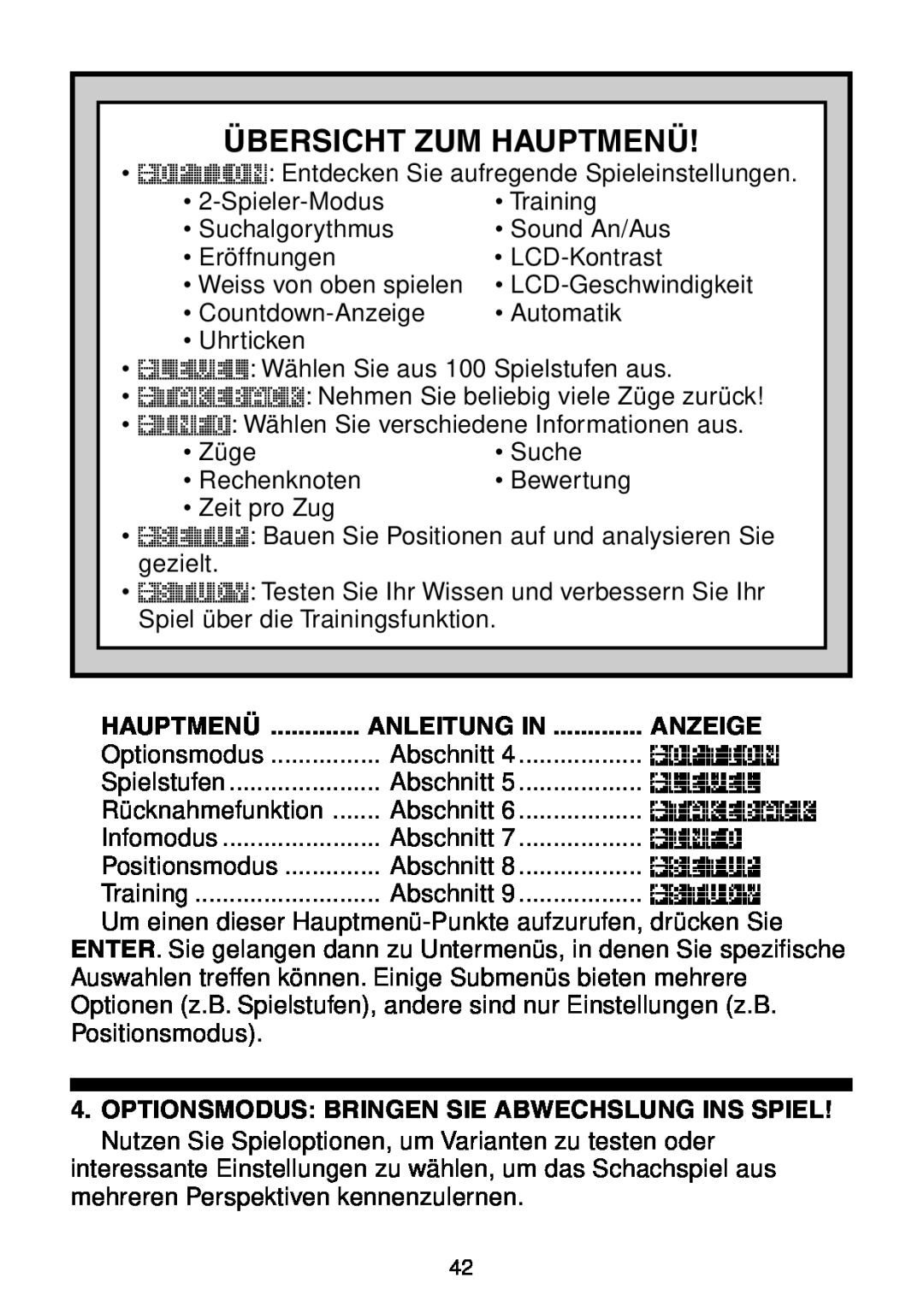Saitek Maestro Travel Chess Computer manual Übersicht Zum Hauptmenü, Anleitung In, Anzeige 