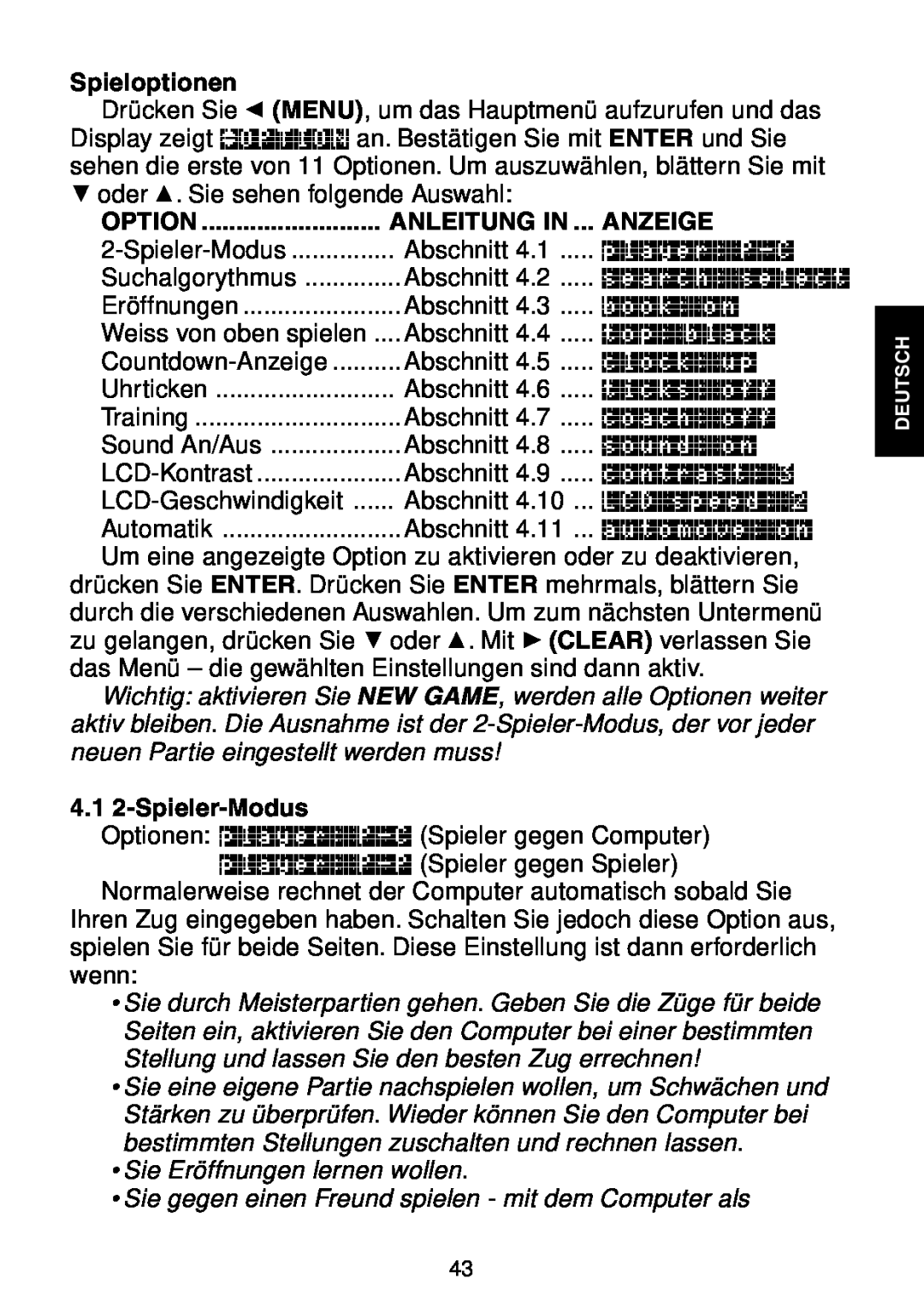 Saitek Maestro Travel Chess Computer manual Spieloptionen, Option, Anleitung In, Anzeige, 4.1 2-Spieler-Modus 