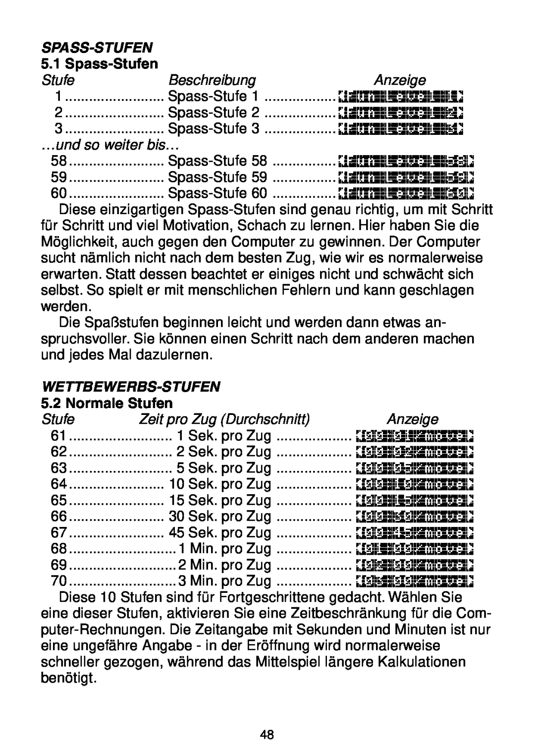 Saitek Maestro Travel Chess Computer manual Spass-Stufen, Beschreibung, Anzeige, … und so weiter bis…, Wettbewerbs-Stufen 