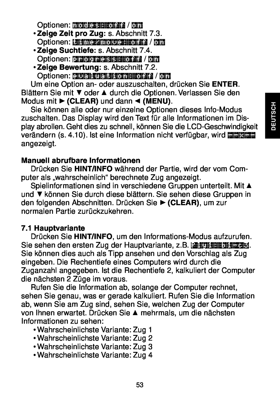 Saitek Maestro Travel Chess Computer manual Zeige Zeit pro Zug s. Abschnitt, Zeige Suchtiefe s. Abschnitt, Hauptvariante 
