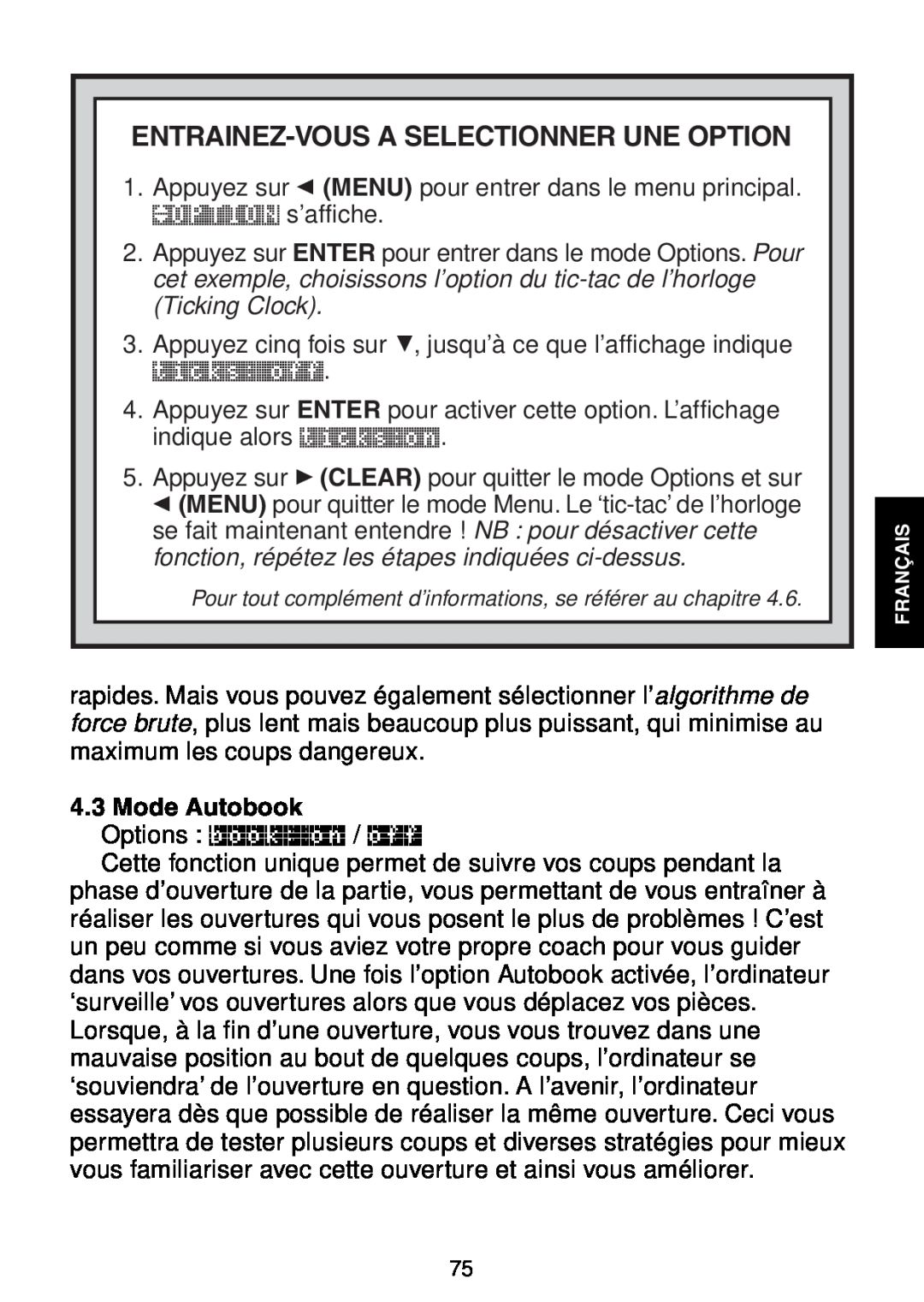 Saitek Maestro Travel Chess Computer manual Entrainez-Vous A Selectionner Une Option, Mode Autobook 