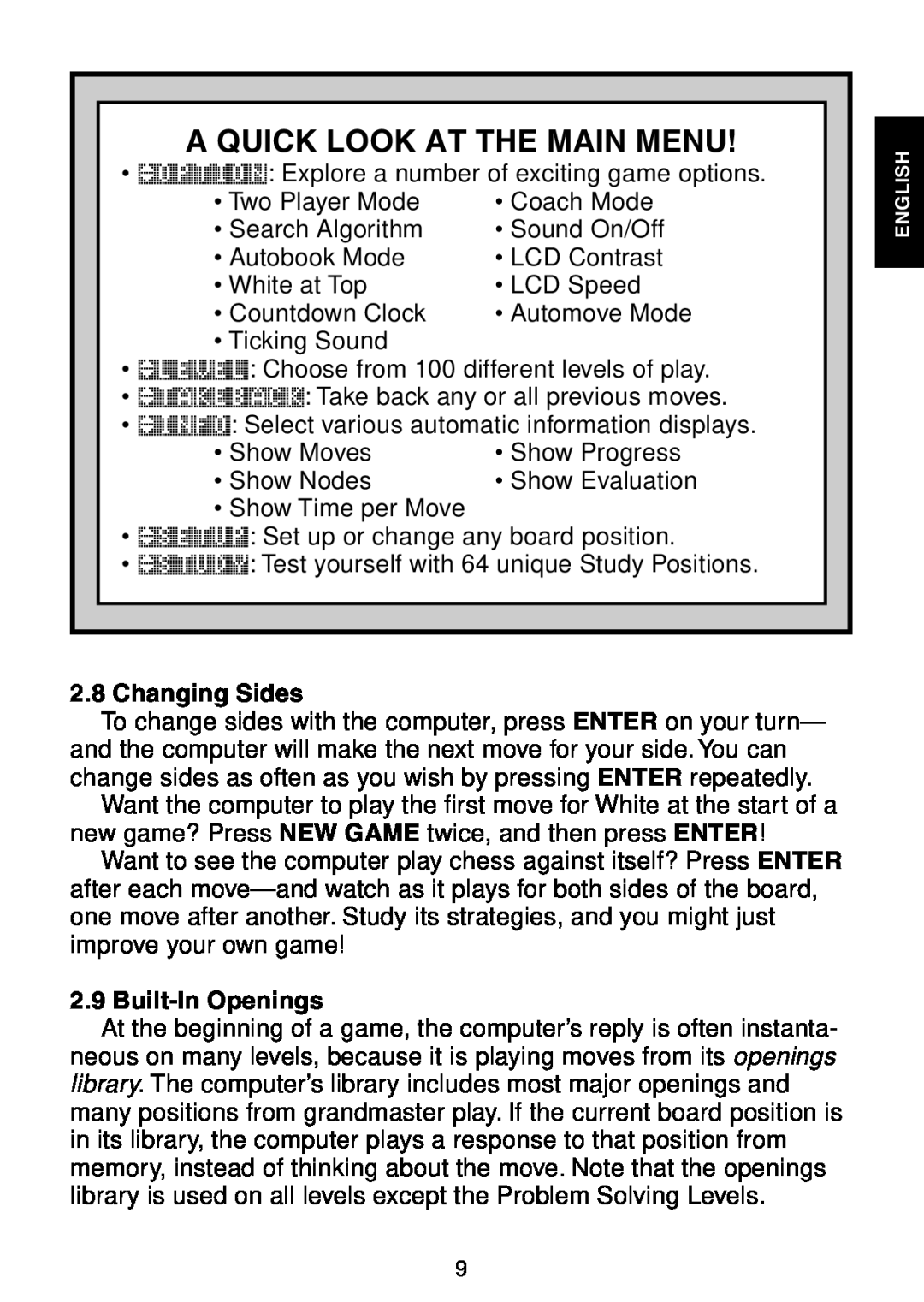 Saitek Maestro Travel Chess Computer manual A Quick Look At The Main Menu, Changing Sides, Built-In Openings 