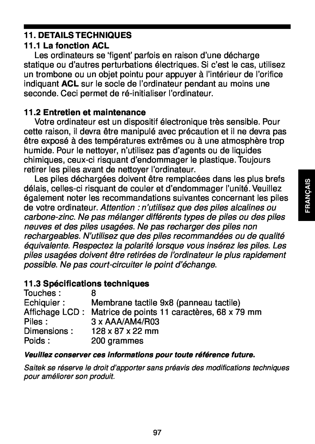 Saitek Maestro Travel Chess Computer manual DETAILS TECHNIQUES 11.1 La fonction ACL, Entretien et maintenance 