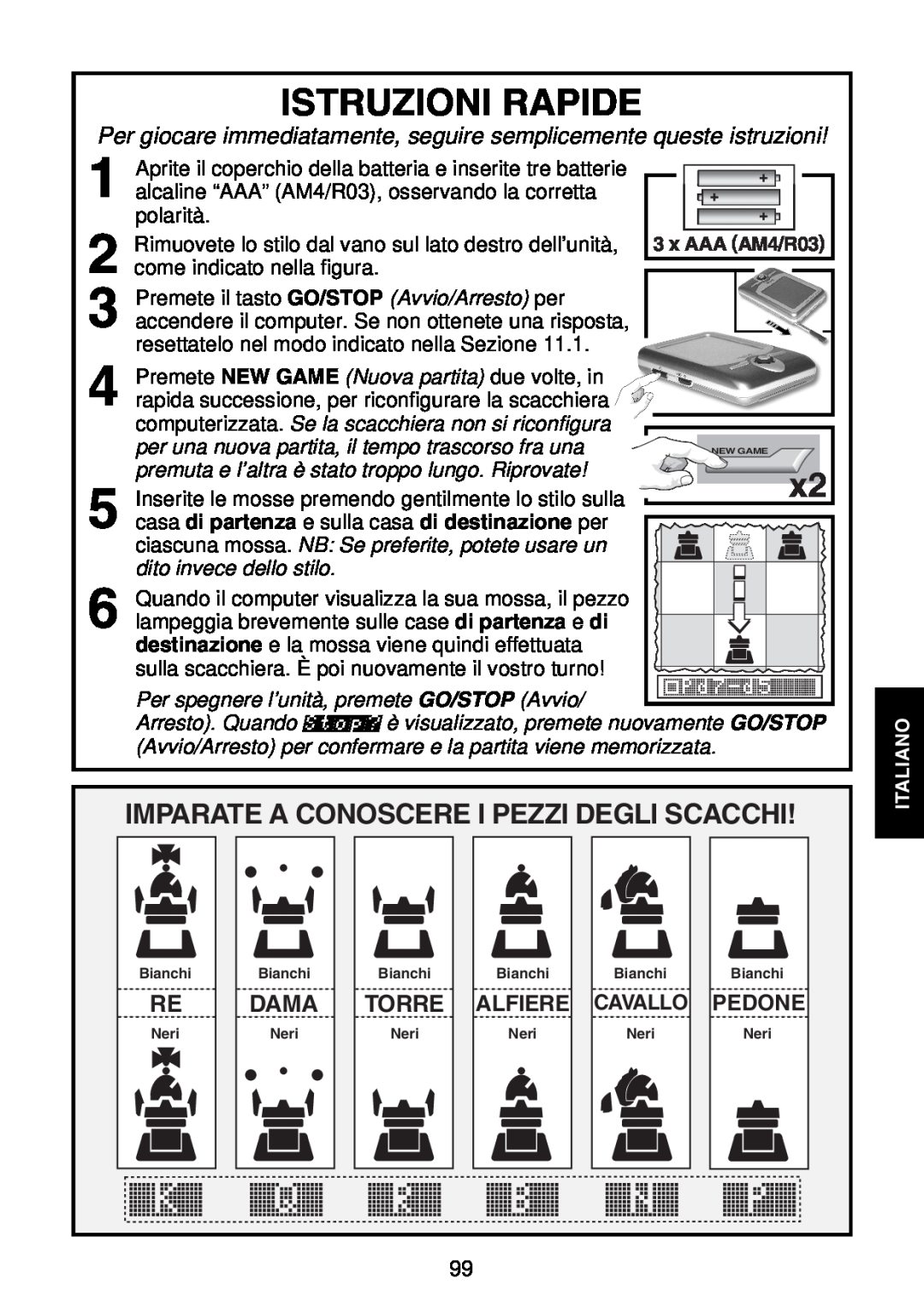 Saitek Maestro Travel Chess Computer manual Istruzioni Rapide, Dama, Torre, x AAA AM4/R03, dito invece dello stilo, Alfiere 
