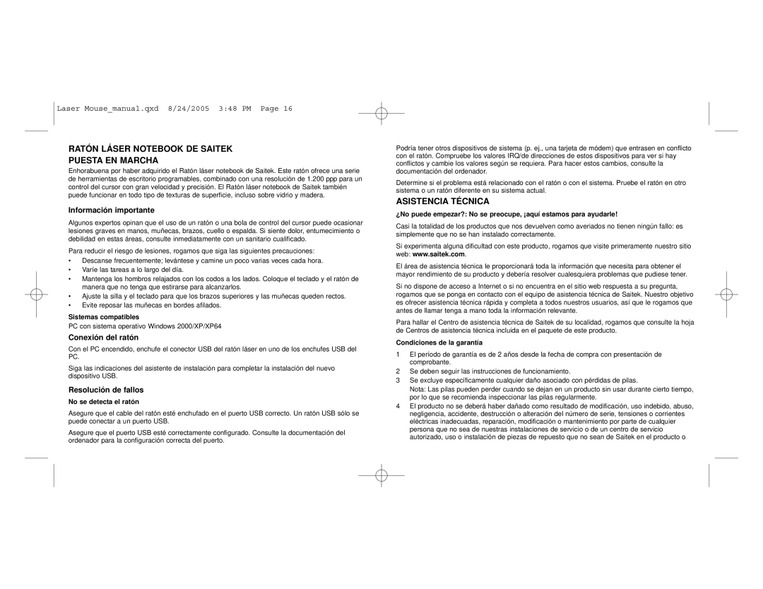 Saitek Notebook Laser Mouse Ratón Láser Notebook DE Saitek Puesta EN Marcha, Asistencia Técnica, Información importante 