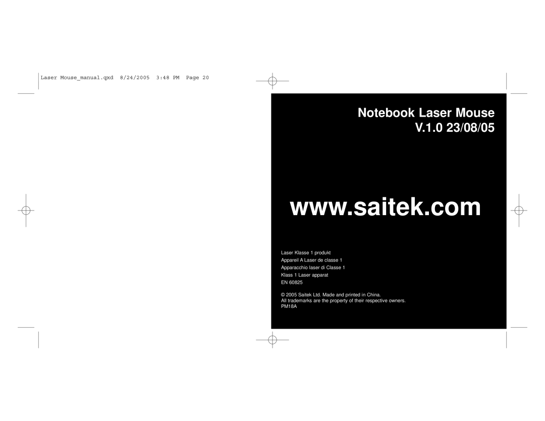 Saitek user manual Notebook Laser Mouse V.1.0 23/08/05, Laser Mousemanual.qxd 8/24/2005 348 PM Page 