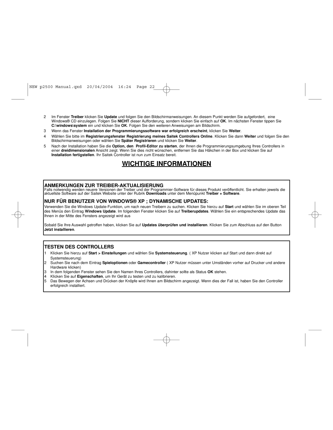 Saitek P2500 user manual Wichtige Informationen, Anmerkungen ZUR TREIBER-AKTUALISIERUNG, Testen DES Controllers 