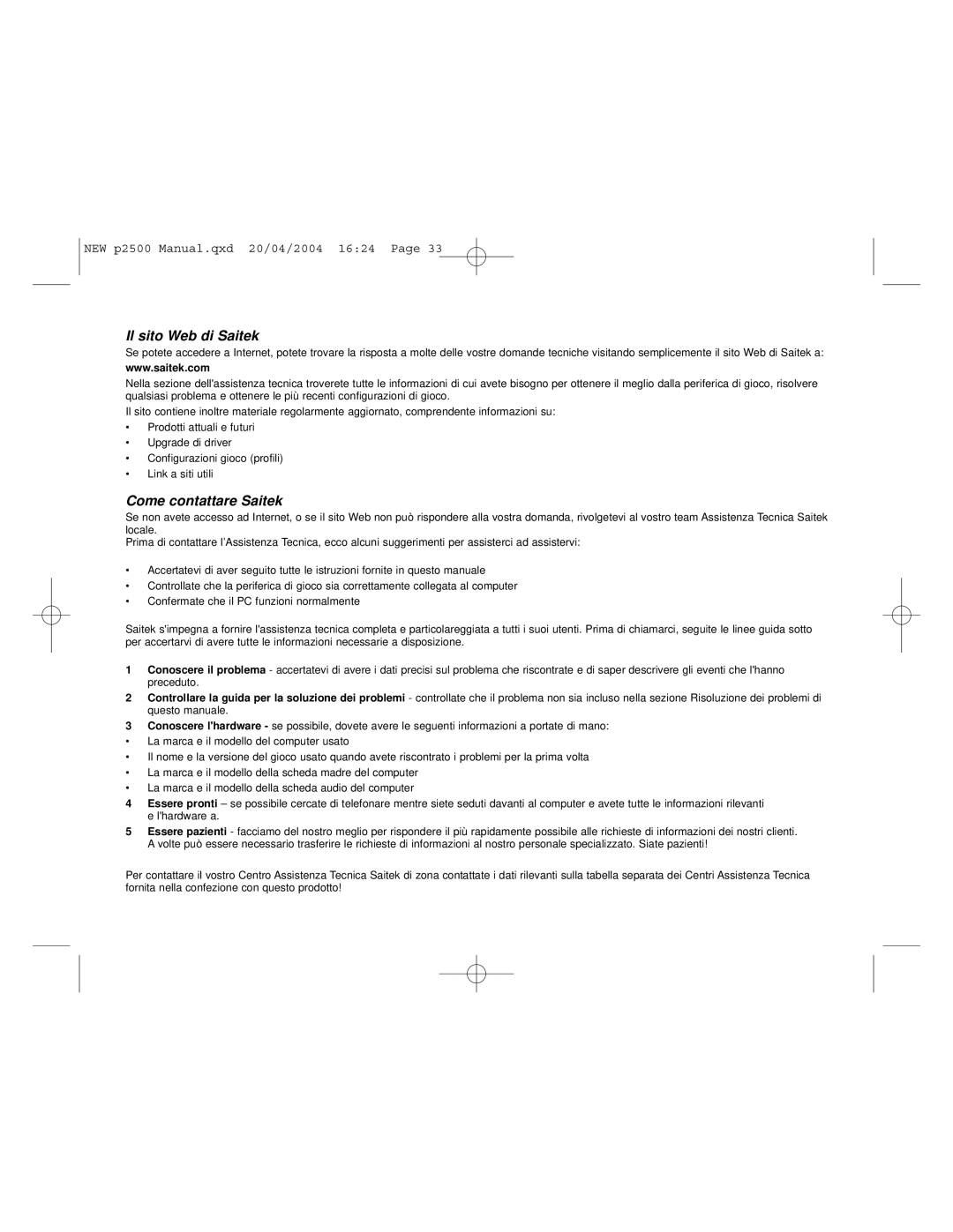 Saitek P2500 user manual Il sito Web di Saitek, Come contattare Saitek 