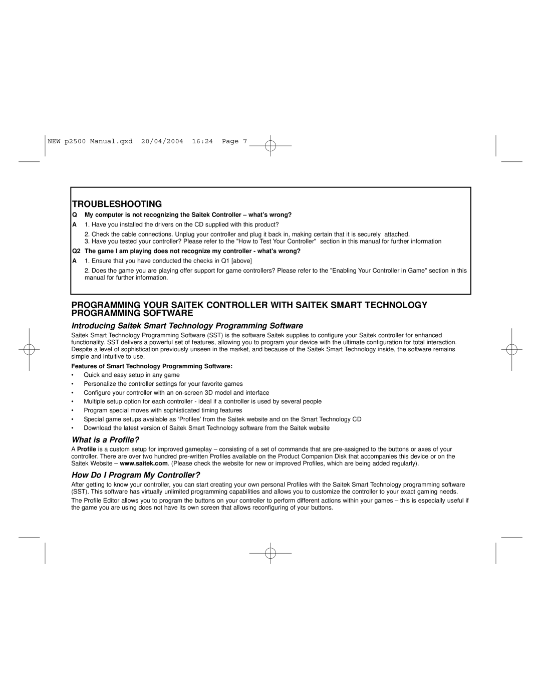 Saitek P2500 user manual Troubleshooting, Introducing Saitek Smart Technology Programming Software 