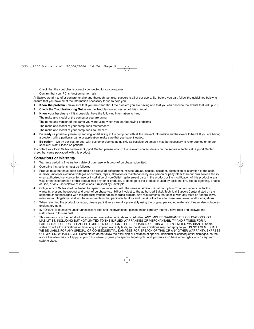 Saitek P2500 user manual Conditions of Warranty 