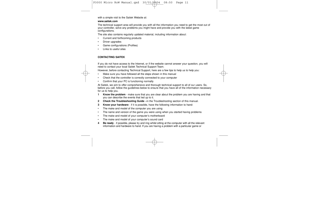 Saitek P3000 user manual Contacting Saitek 