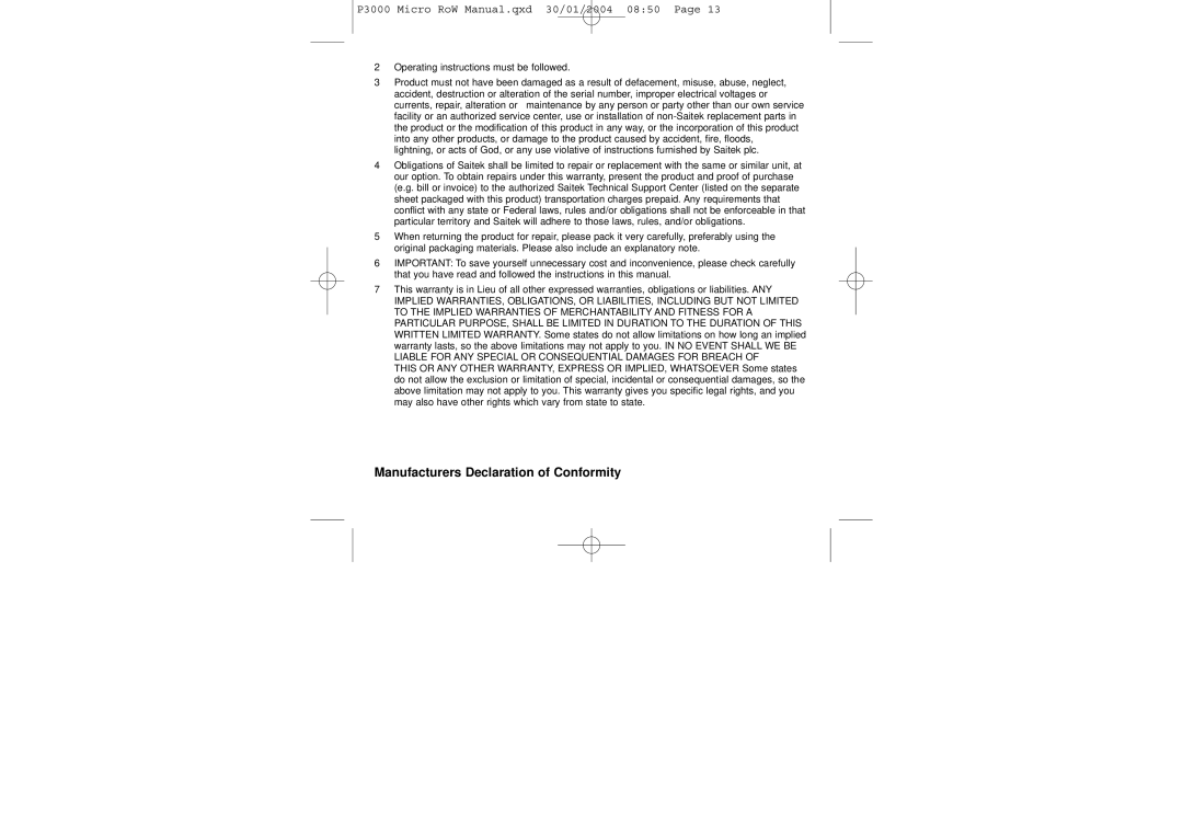 Saitek P3000 user manual Manufacturers Declaration of Conformity 