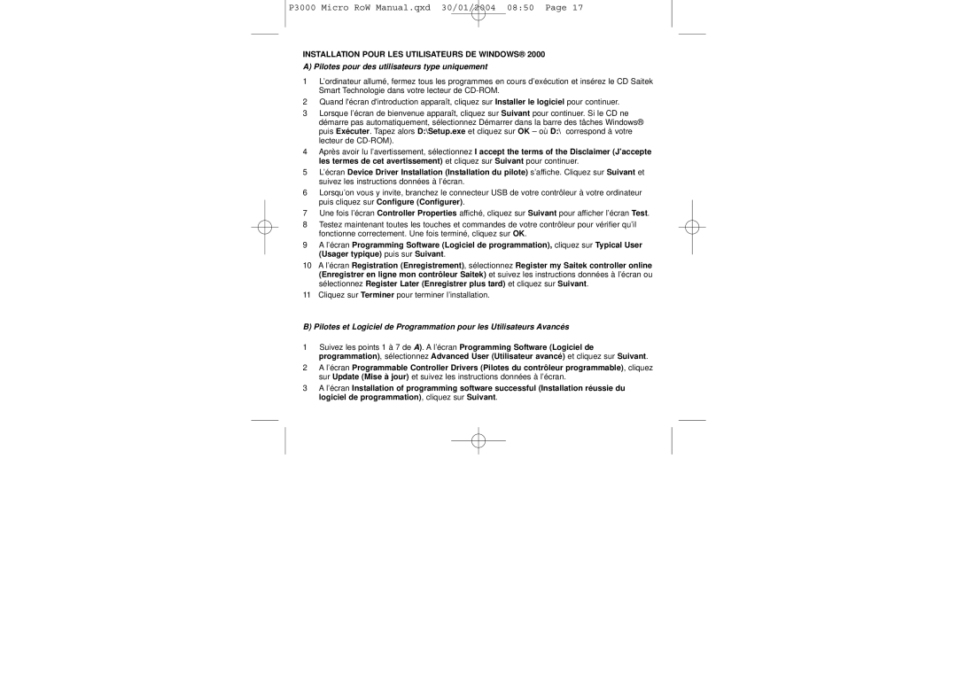 Saitek P3000 user manual Installation Pour LES Utilisateurs DE Windows 