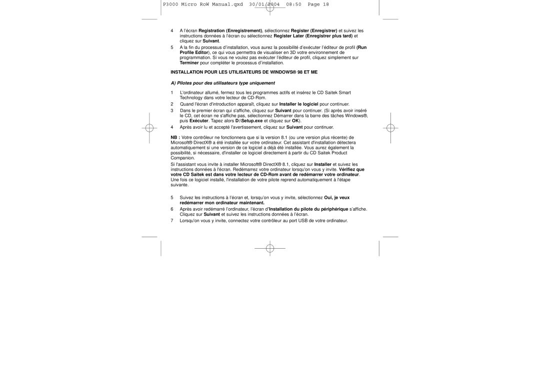 Saitek P3000 user manual Installation Pour LES Utilisateurs DE Windows 98 ET ME 