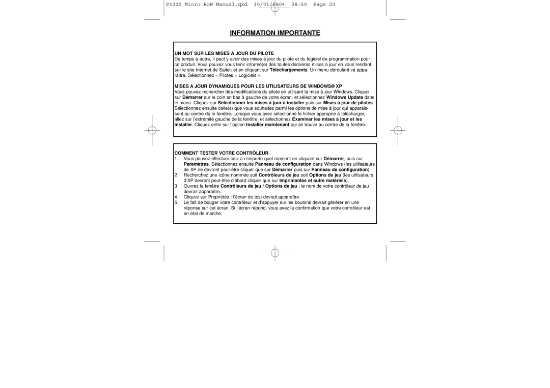 Saitek P3000 user manual UN MOT SUR LES Mises a Jour DU Pilote, Mises a Jour Dynamiques Pour LES Utilisateurs DE Windows XP 