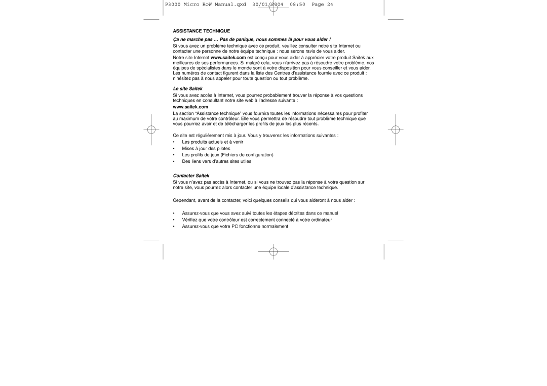 Saitek P3000 user manual Assistance Technique, Le site Saitek, Contacter Saitek 