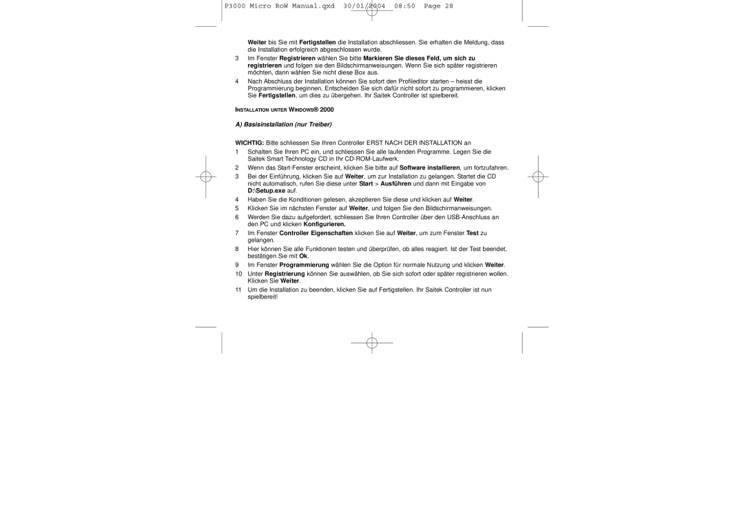 Saitek P3000 user manual Installation Unter Windows 