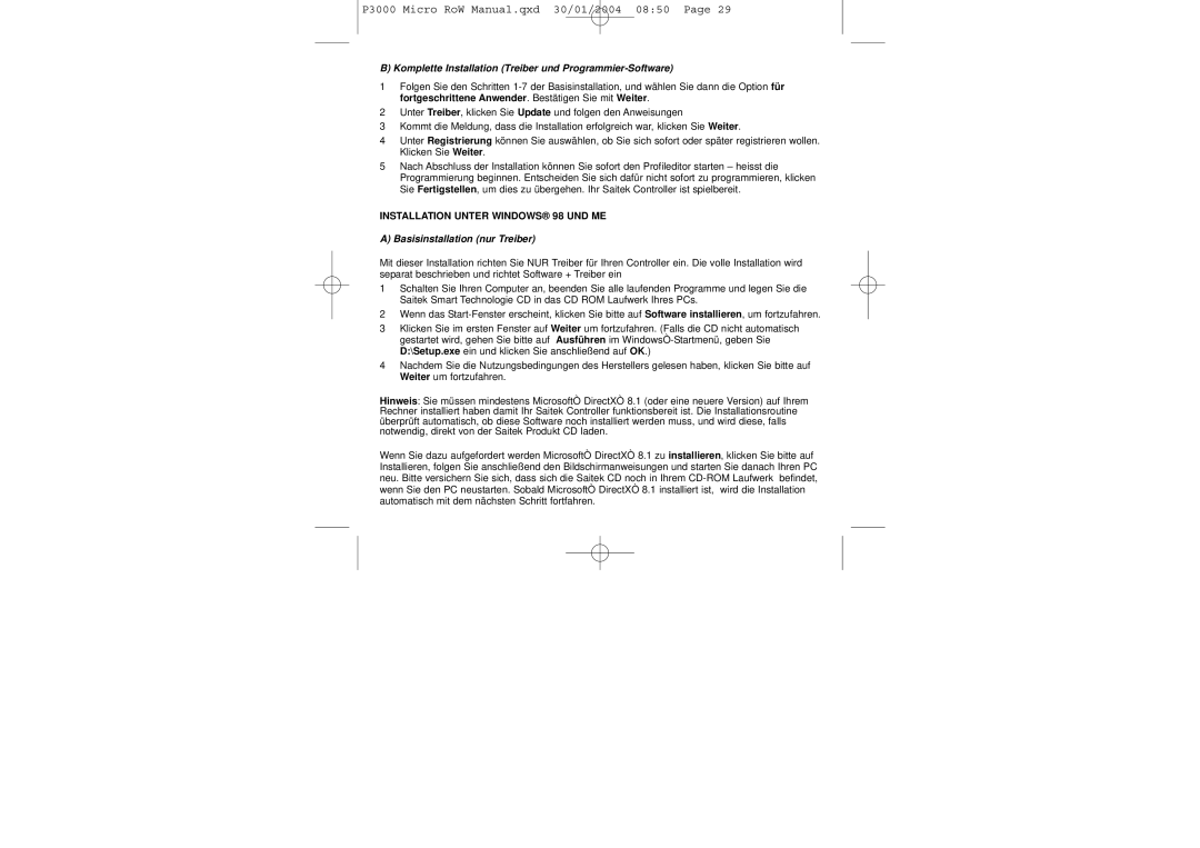 Saitek P3000 user manual Installation Unter Windows 98 UND ME 