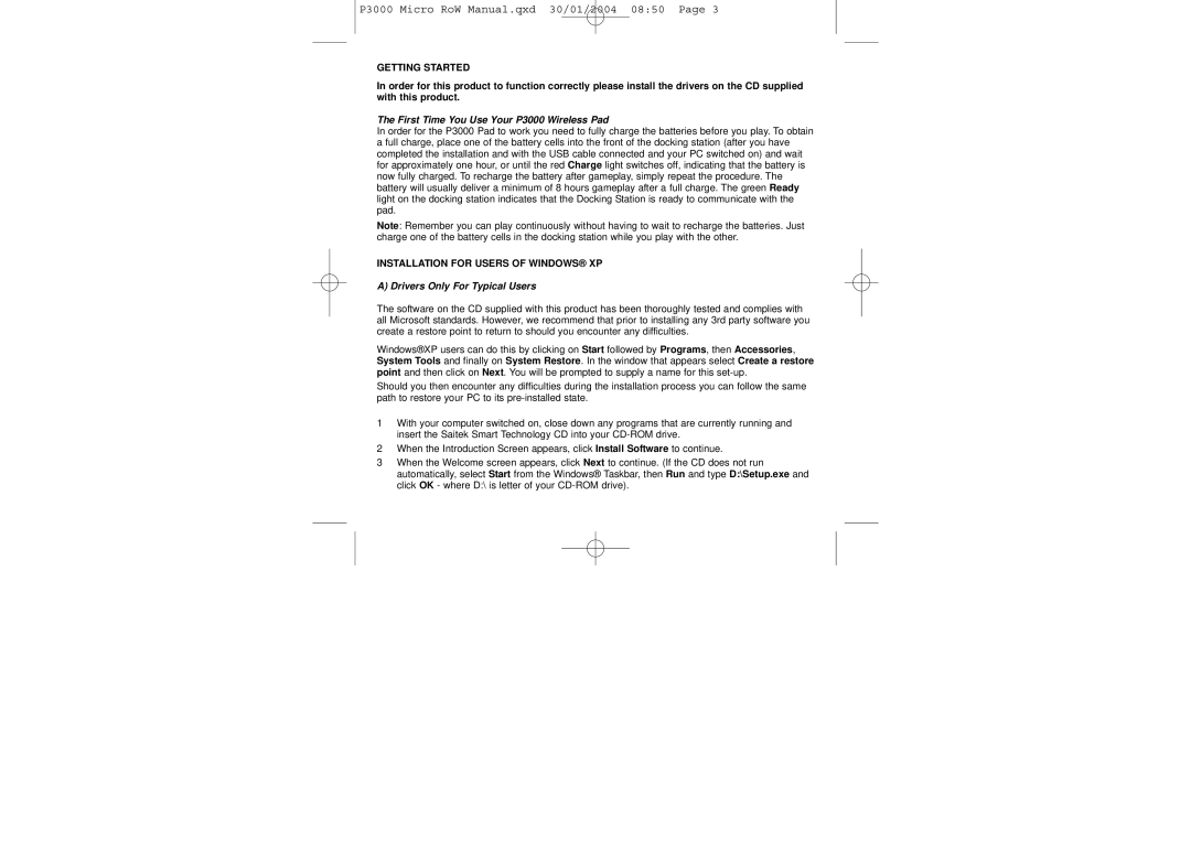 Saitek user manual Getting Started, First Time You Use Your P3000 Wireless Pad, Installation for Users of Windows XP 