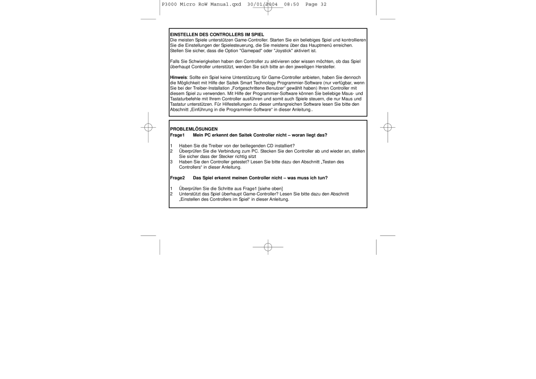 Saitek P3000 user manual Einstellen DES Controllers IM Spiel, Problemlösungen 