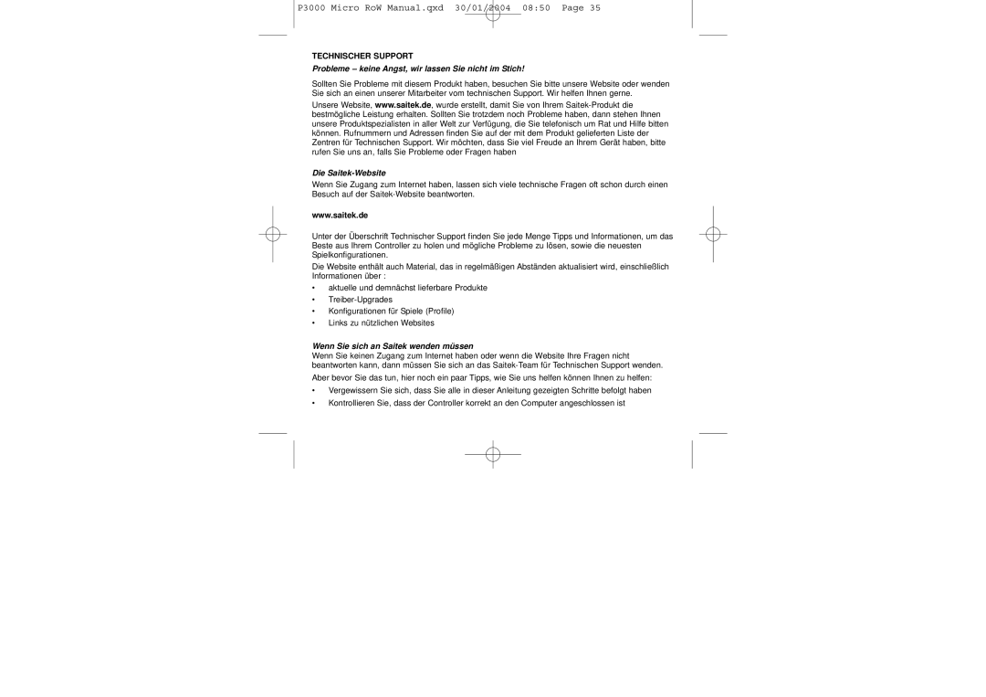 Saitek P3000 user manual Technischer Support, Probleme keine Angst, wir lassen Sie nicht im Stich, Die Saitek-Website 