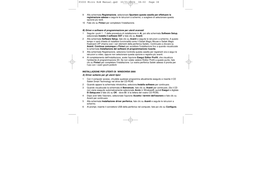 Saitek P3000 user manual Driver e software di programmazione per utenti avanzati, Installazione PER Utenti DI Windows 