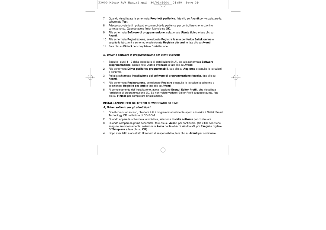 Saitek P3000 user manual Installazione PER GLI Utenti DI Windows 98 E ME 