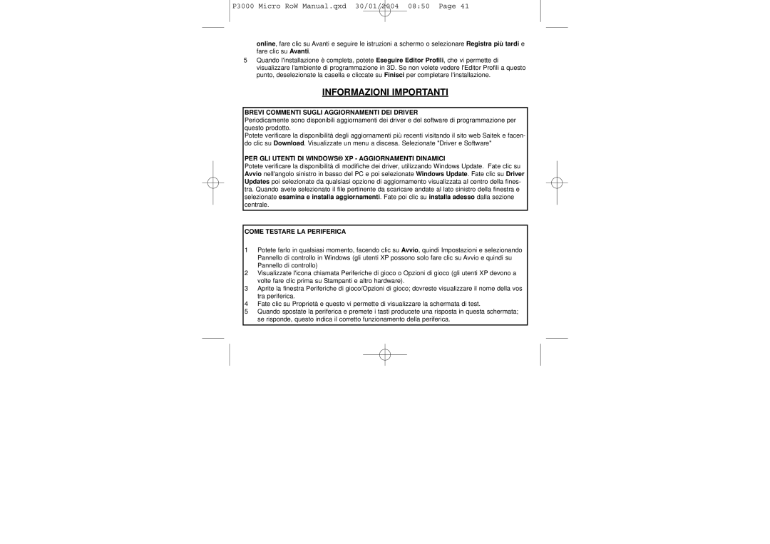 Saitek P3000 user manual Brevi Commenti Sugli Aggiornamenti DEI Driver, PER GLI Utenti DI Windows XP Aggiornamenti Dinamici 