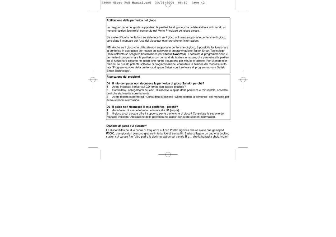 Saitek P3000 user manual Abilitazione della periferica nel gioco, Opzione di gioco a 2 giocatori 