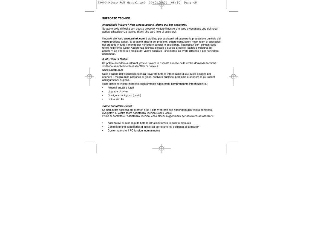 Saitek P3000 user manual Supporto Tecnico, Il sito Web di Saitek, Come contattare Saitek 