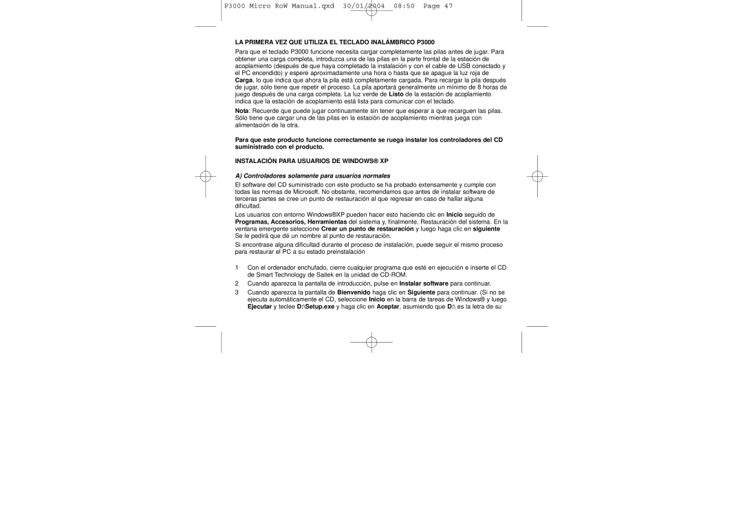 Saitek user manual LA Primera VEZ QUE Utiliza EL Teclado Inalámbrico P3000, Instalación Para Usuarios DE Windows XP 