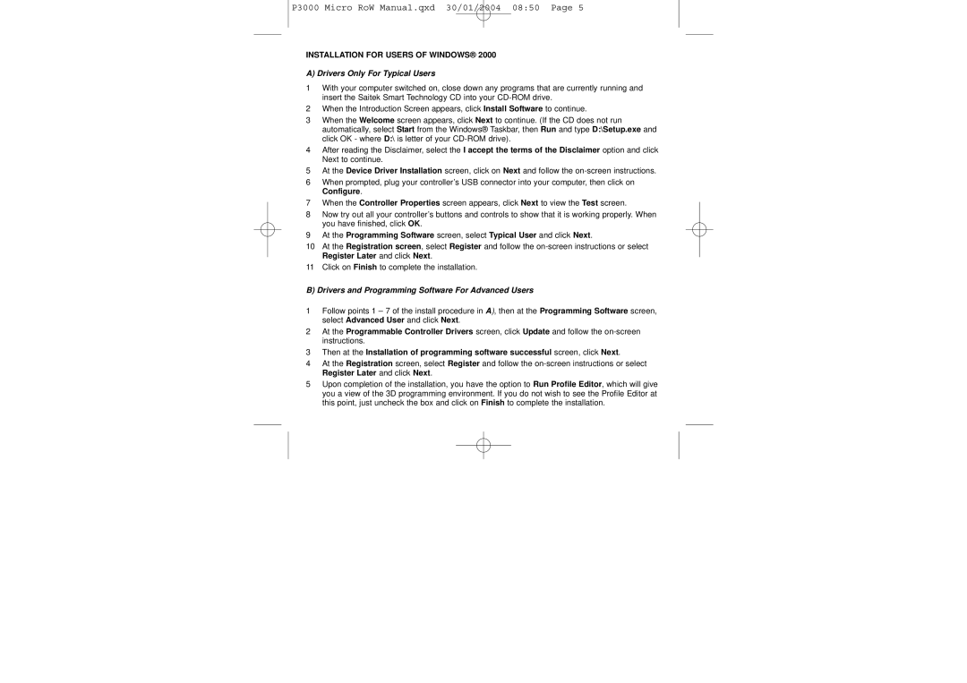 Saitek P3000 user manual Installation for Users of Windows 