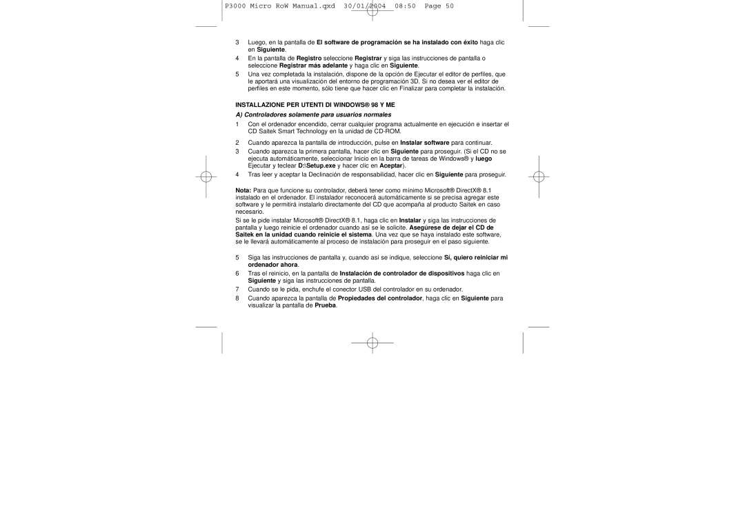 Saitek P3000 user manual Installazione PER Utenti DI Windows 98 Y ME 