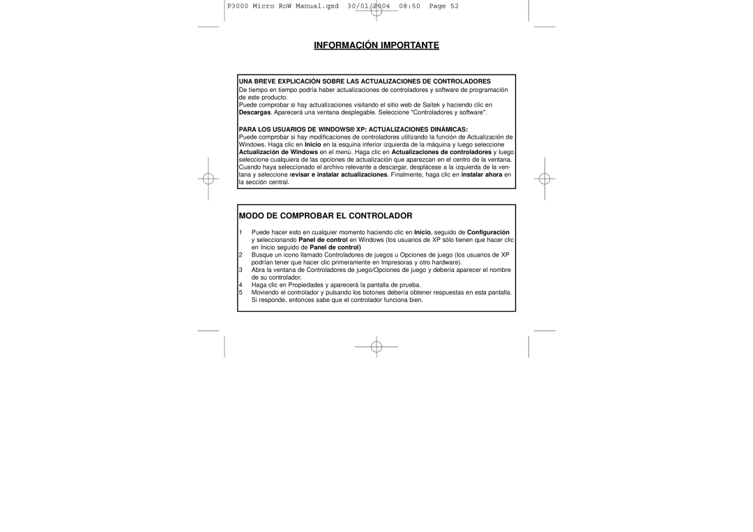 Saitek P3000 user manual Información Importante, Para LOS Usuarios DE Windows XP Actualizaciones Dinámicas 